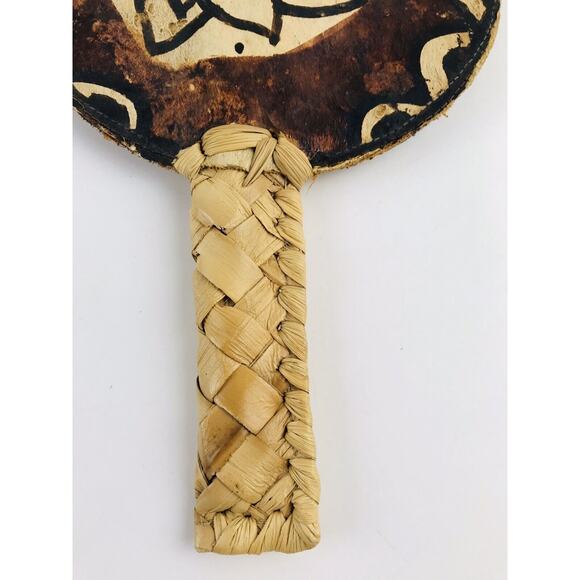 Rattan Hand Held Fan Polynesian Kapa Bark Raffia Antique Woven - Picture 8 of 10